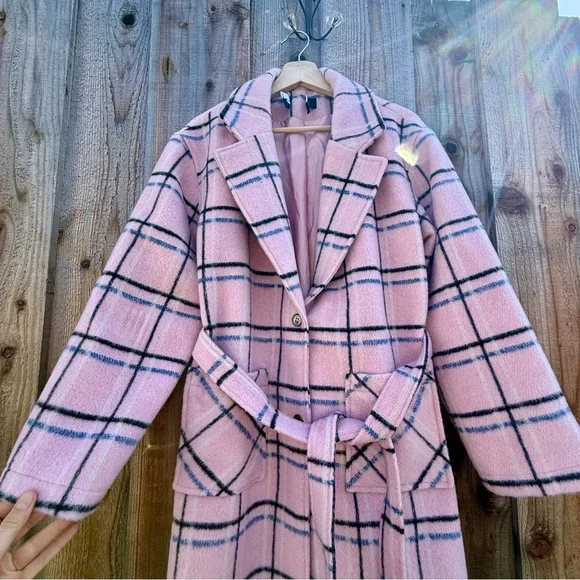 Retro Light Pink and Black Blue Plaid Longline Coat 🌿 - Picture 3 of 10